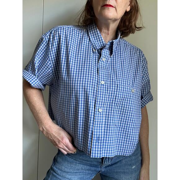 Upcycled Vintage Orvis Button-Up Shirt Cropped Blue Size XL Preppy Reworked - Picture 7 of 7